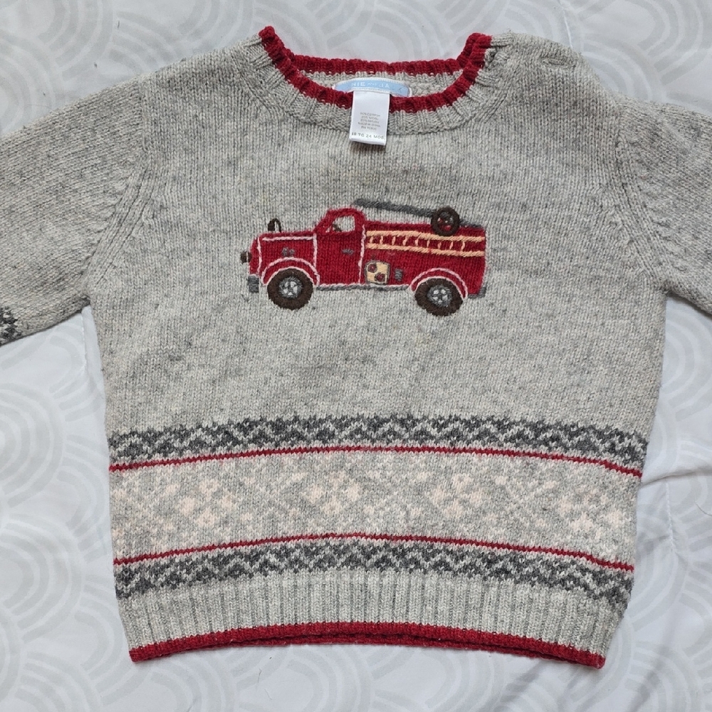 Janie and Jack Gray Sweater with Red Fire Truck